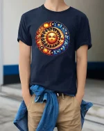 Sun and Moon Celestial Cosmic Harmony Graphic T Shirt - model wearing navy tee with hands in pockets