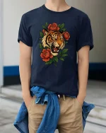 Fierce Tiger Head With Flowers Wild Nature Graphic T Shirt - model wearing navy tee with hands in pockets