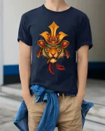 Samurai Tiger Warrior Japanese Style Graphic T Shirt - model wearing navy tee with hands in pockets