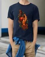 Snake And Apple Temptation Dark Tattoo Style Graphic T Shirt - model wearing navy tee with hands in pockets