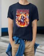 Thunder God Mighty Hammer Lightning Mythology Graphic T Shirt - model wearing navy tee with hands in pockets