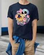 Cute Skeleton Holding Lantern and Heart Cartoon Graphic Tee - model wearing navy tee with hands in pockets
