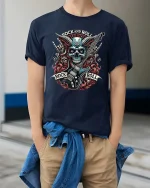 Rock And Roll Skull Guitar Heavy Metal Graphic T Shirt Art - model wearing navy tee with hands in pockets