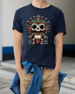 Cute Ancient Skull King Cartoon Aztec Style Graphic T Shirt - model wearing navy tee with hands in pockets