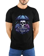 November Rain Skull Umbrella Gothic Rose Graphic T Shirt - model wearing black tee with hands behind back