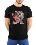 Crazy Street Monster Cartoon Urban Graffiti Graphic T Shirt - model wearing black tee with hands behind back