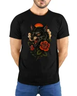 Fierce Wolf Head With Roses Dark Nature Graphic T Shirt - model wearing black tee with hands behind back