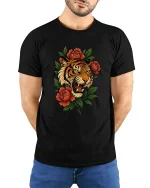 Fierce Tiger Head With Flowers Wild Nature Graphic T Shirt - model wearing black tee with hands behind back