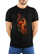 Snake And Apple Temptation Dark Tattoo Style Graphic T Shirt - model wearing black tee with hands behind back