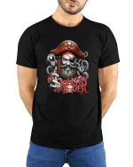 Jolly Roger Pirate Captain Skull Graphic T Shirt - model wearing black tee with hands behind back