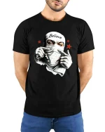 Believe Masked Street Rebel Urban Graphic T Shirt - model wearing black tee with hands behind back