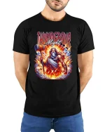 Thunder God Mighty Hammer Lightning Mythology Graphic T Shirt - model wearing black tee with hands behind back
