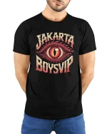 Jakarta Boysvid Vintage Eye Graphic Streetwear T Shirt Art - model wearing black tee with hands behind back