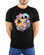 Cute Skeleton Holding Lantern and Heart Cartoon Graphic Tee - model wearing black tee with hands behind back