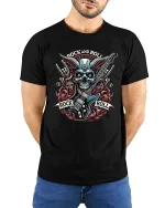 Rock And Roll Skull Guitar Heavy Metal Graphic T Shirt Art - model wearing black tee with hands behind back
