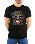 Cute Ancient Skull King Cartoon Aztec Style Graphic T Shirt - model wearing black tee with hands behind back