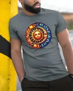 Sun and Moon Celestial Cosmic Harmony Graphic T Shirt - model wearing grey tee, leaning on column