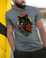 Fierce Wolf Head With Roses Dark Nature Graphic T Shirt - model wearing grey tee, leaning on column