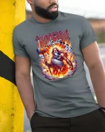 Thunder God Mighty Hammer Lightning Mythology Graphic T Shirt - model wearing grey tee, leaning on column