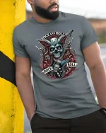 Rock And Roll Skull Guitar Heavy Metal Graphic T Shirt Art - model wearing grey tee, leaning on column