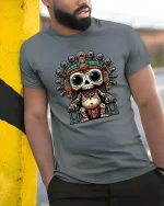 Cute Ancient Skull King Cartoon Aztec Style Graphic T Shirt - model wearing grey tee, leaning on column