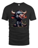 Cute Baby Bull Cartoon Graphic T Shirt Funny Farm Animal Art - black t-shirt on white background