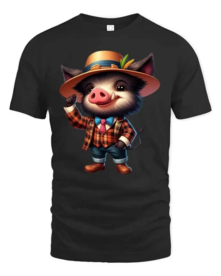 Cute Gentleman Boar Cartoon Graphic T Shirt Funny Animal Style - black t-shirt on white background