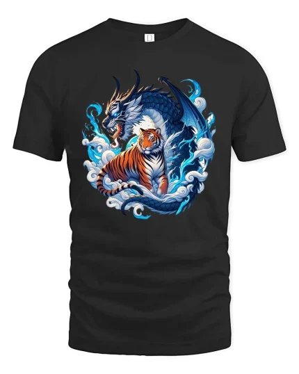 Dragon and Tiger Yin Yang Graphic T Shirt Mythical Beast Art - black t-shirt on white background