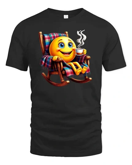 Relaxing Coffee Smile Emoji Graphic T Shirt Cozy Morning Vibes - black t-shirt on white background