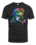 Cute Running Frog Cartoon Graphic T Shirt Funny Sport Style - black t-shirt on white background