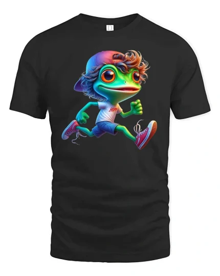 Cute Running Frog Cartoon Graphic T Shirt Funny Sport Style - black t-shirt on white background
