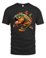 Fierce Piranha Fish Cartoon Graphic T Shirt Wild Predator Art - black t-shirt on white background
