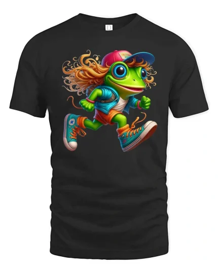 Funny Running Frog Cartoon Graphic T Shirt Cool Street Style - black t-shirt on white background