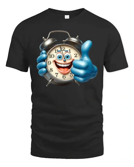 Funny Smiling Alarm Clock Cartoon Graphic T Shirt Good Time - black t-shirt on white background