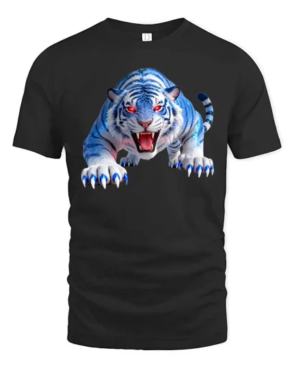 Fierce Blue White Tiger Graphic T Shirt Wild Predator Style - black t-shirt on white background