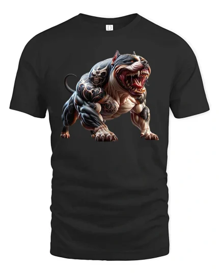 Fierce Tattooed Pitbull Graphic T Shirt Savage Guard Dog Style - black t-shirt on white background