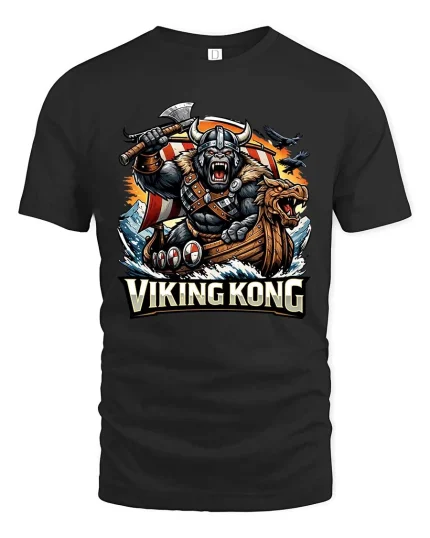 Viking Kong Warrior Graphic T Shirt Epic Norse Monster Style - black t-shirt on white background