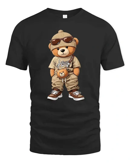Cool Streetwear Teddy Bear Cartoon Graphic T Shirt Urban Style - black t-shirt on white background
