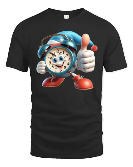 Funny Cartoon Alarm Clock Thumbs Up Graphic T Shirt Good Vibes - black t-shirt on white background