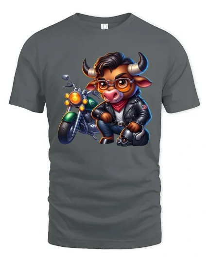 Cool Biker Bull Cartoon Graphic T Shirt Funny Motorcycle Style - gray t-shirt on white background