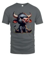 Cute Baby Bull Cartoon Graphic T Shirt Funny Farm Animal Art - gray t-shirt on white background