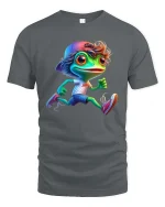 Cute Running Frog Cartoon Graphic T Shirt Funny Sport Style - gray t-shirt on white background