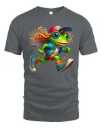 Funny Running Frog Cartoon Graphic T Shirt Cool Street Style - gray t-shirt on white background
