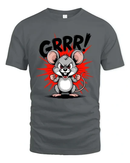 Funny Angry Mouse GRRR Cartoon Graphic T Shirt Cute Rage Style - gray t-shirt on white background