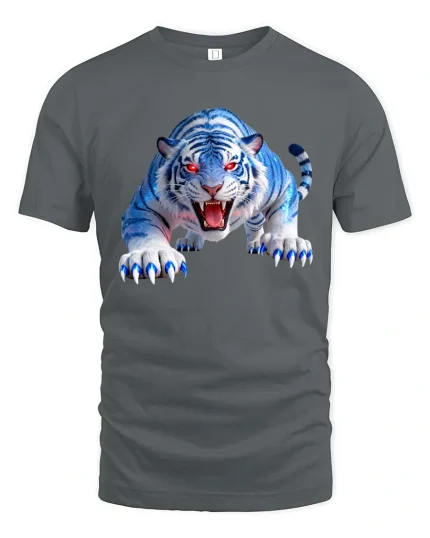 Fierce Blue White Tiger Graphic T Shirt Wild Predator Style - gray t-shirt on white background