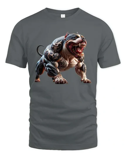 Fierce Tattooed Pitbull Graphic T Shirt Savage Guard Dog Style - gray t-shirt on white background