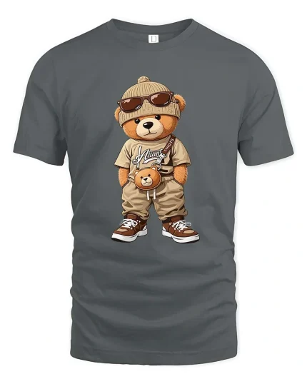 Cool Streetwear Teddy Bear Cartoon Graphic T Shirt Urban Style - gray t-shirt on white background