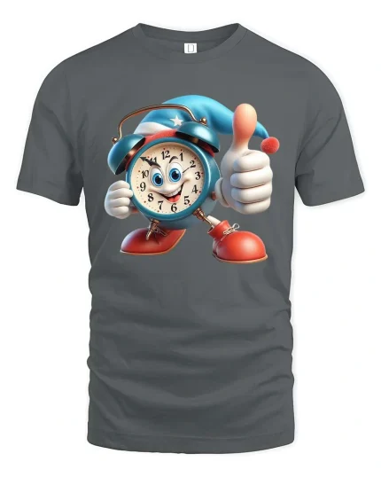 Funny Cartoon Alarm Clock Thumbs Up Graphic T Shirt Good Vibes - gray t-shirt on white background