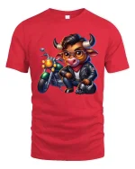 Cool Biker Bull Cartoon Graphic T Shirt Funny Motorcycle Style - red t-shirt on white background