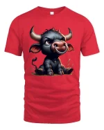 Cute Baby Bull Cartoon Graphic T Shirt Funny Farm Animal Art - red t-shirt on white background
